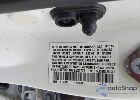 2015 Honda Civic Ex из США, поврежденный, VIN 19XFB2F84FE034777